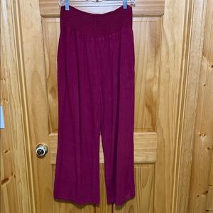 Wide-Leg Smocked Waist Pants - Berry